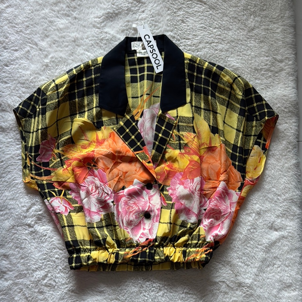 Escada Yellow Pink Black Cropped Button Down Shirt top silk 42/8 medium flower